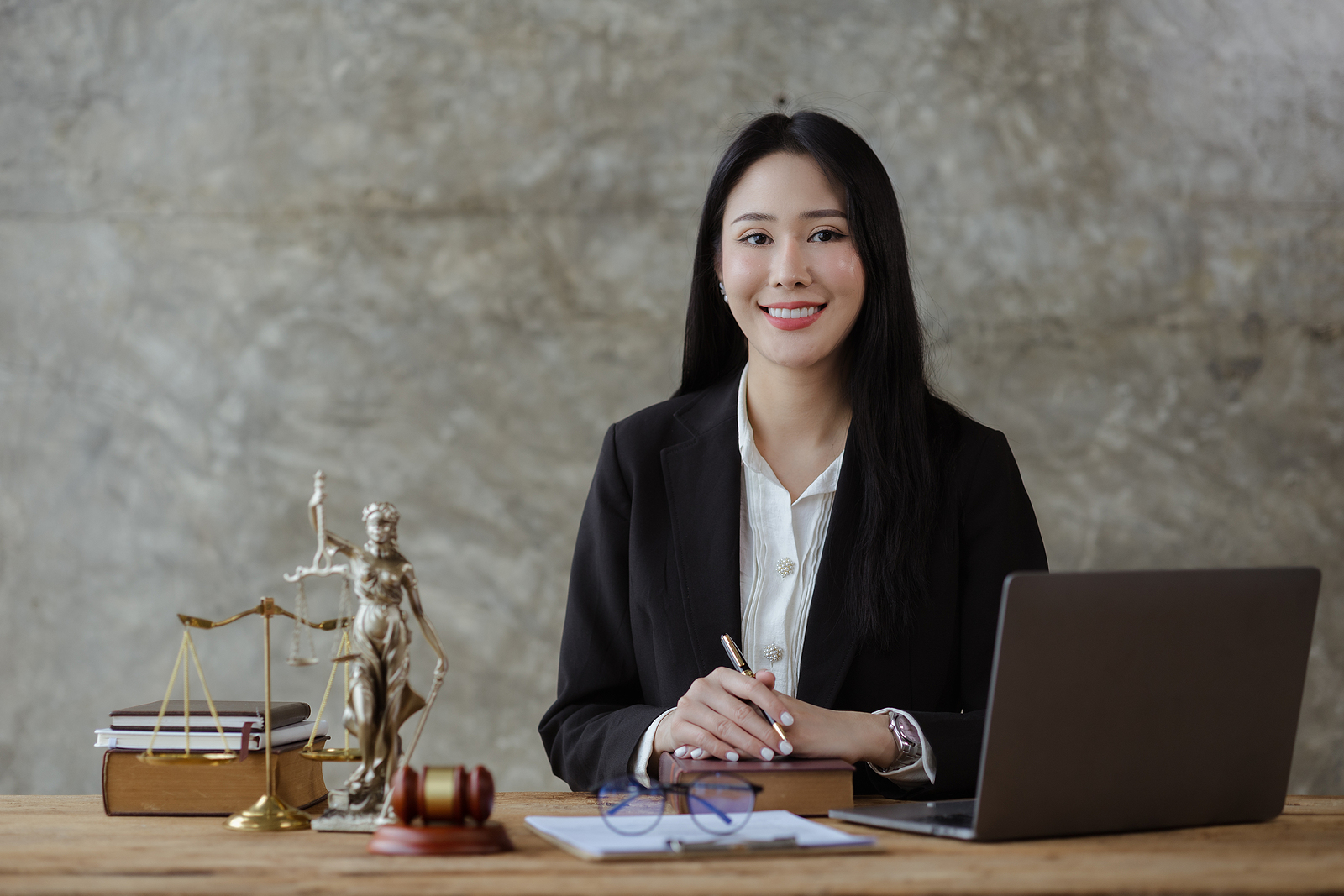 An Asian female lawyer is at her law firm, she is a lawyer advising on various litigation cases. To clients who are in trouble in the legal way. Concept of female lawyer and justice of the law.